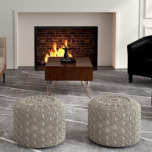 SIMPLIHOME Connor 34" Wide Round Pouf in Distressed Brown Genuine Leather - color: Cloud Grey, style: Cotton Pouf