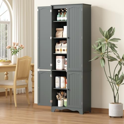 Yusong 72'' Tall Kitchen Pantry Cabinet, Freestanding Storage Cabinet with Doors and Shelves, Wooden Food Pantry Farmhouse Cupboard Buffet for Kitchen Dining Living Room, Gray - color: Grey, size: 72"H