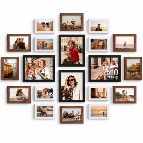 Vittanly 20 Pack Gallery Wall Frame Set, Black, Walnut Brown, White | Picture Frames Collage Wall Decor for Wall or Tabletop Display, Picture Frame Set: 4pcs 8x10, 8pcs 5x7, 8pcs 4x6, MDF Wood - color: Black&Walnut Brown&White