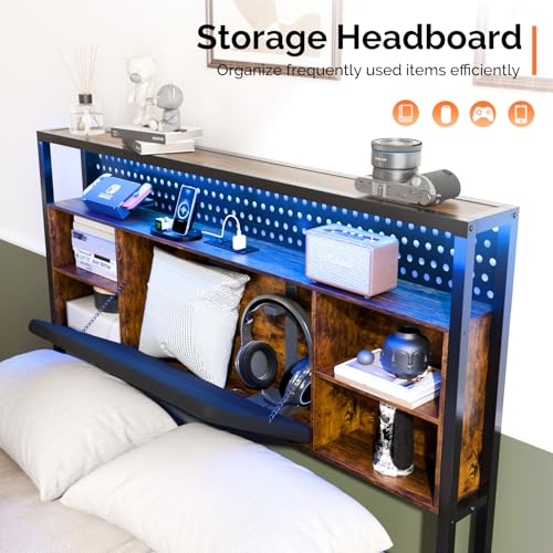 VINGLI Full Size Floating Bed Frame with Headboard, LED Lights & Charging Station, Cozy Velvet Upholstered Headboard, Hidden Storage, Heavy Duty Metal Frame, No Box Spring Needed, Easy Assembly, Black - color: Industrial Brown, size: Full
