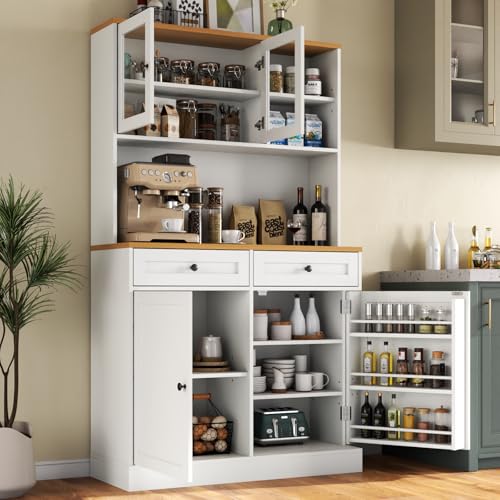 Tall Kitchen Pantry Cabinet, Modern Kitchen Hutch with Microwave Stand | Pantry Storage Cabinet with 2 Darwers & Door Shelf, Food Pantry with Glass Doors & Adjustable Shelves for Dining Room, White - color: White-glass Doors