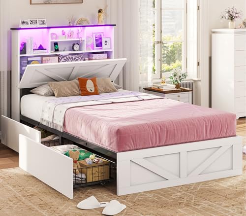 Farmhouse Bed Frame Twin Size with Bookcase Storage Headboard, Charging Station and LED Lights, Wooden Twin Bed Frames with 4 Drawers, Barn Door Design, No Box Spring Needed, No Noise, White - color: White, size: Twin