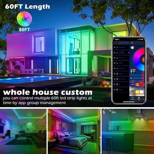 AILBTON Led Strip Lights,60ft Music Sync Color Changing, Built-in Mic,Bluetooth App Control LED Tape Lights with Remote,5050 RGB Rope Light Strips - size: 60FT