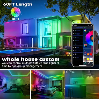 AILBTON Led Strip Lights,60ft Music Sync Color Changing, Built-in Mic,Bluetooth App Control LED Tape Lights with Remote,5050 RGB Rope Light Strips - size: 60FT