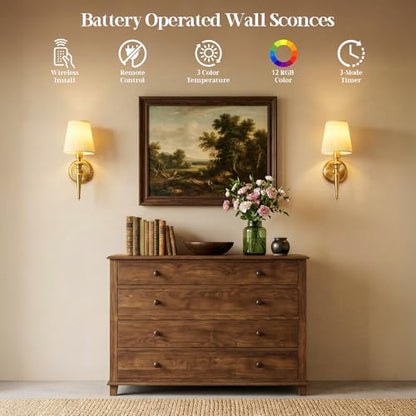 Battery Operated Wall Sconces Set of 2, Wireless Rechargeable Wall Lights with 12 RGB Colors and 3CCT Dimmable, Small Fabric LED Wall Lamps for Bedroom, Living Room, Hallway, Gold - color: Gold