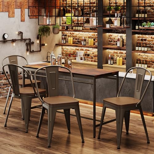 Alunaune 18inch Metal Dining Chair Set of 4 High Back Classic Chic Iron Farmhouse Chairs Industrial Stackable Coffee Stools Bistro Cafe Side Barstools Wood Seat-Rusty - color: Rusty