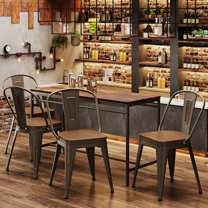 Alunaune 18inch Metal Dining Chair Set of 4 High Back Classic Chic Iron Farmhouse Chairs Industrial Stackable Coffee Stools Bistro Cafe Side Barstools Wood Seat-Rusty - color: Rusty