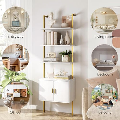 Yusong 73" Tall Bookshelf with Cabinet, Industrial Ladder Wall Mount Shelf Bookcase with Wood and Metal Frame, Plant Shelf Wall Storage Display for Living Room Bedroom, White Gold - color: White