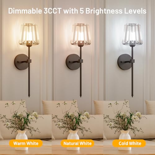 Crystal Battery Operated Wall Sconces Set of 2, Black Rechargeable Wireless Wall Sconce Lights with Crystal Lampshade, 12 RGB and 3CCT Dimmable Wall Lamps with Remote for Bedroom Living Room Hallway - color: Black