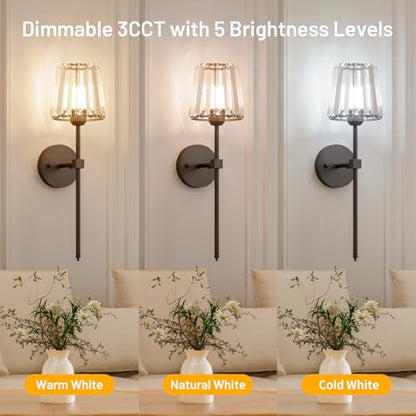 Crystal Battery Operated Wall Sconces Set of 2, Black Rechargeable Wireless Wall Sconce Lights with Crystal Lampshade, 12 RGB and 3CCT Dimmable Wall Lamps with Remote for Bedroom Living Room Hallway - color: Black