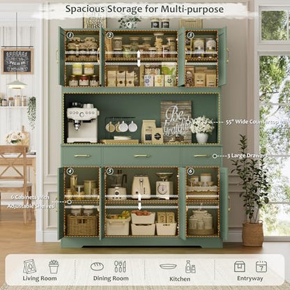 HOSTACK 71" Tall Kitchen Pantry Storage Cabinet, 55" W Kitchen Hutch, Green | Large Pantry Cabinet with Charging Station / Countertop / 3 Drawers, Farmhouse Hutch Cabinet with Storage for Dining Room - color: Green