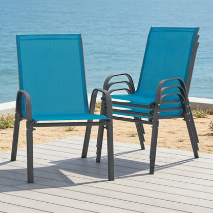 24.4" Wide Outdoor Patio Stackable Chairs Set of 4, Blue | Stacking Patio Chairs with Textilene Fabric, Outside Furniture for Garden Backyard Balconie Poolside Deck - color: 4 Blue Chairs
