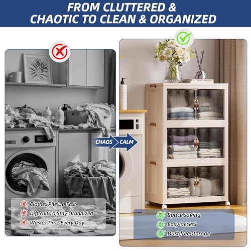 SAILUN 381Qt Extra Large Stackable Storage Bins Folding Collapsible Storage Bins with a Lid, Closet Organizers and Storage Blush White 28" W x 17" D x 46" H | Stackable Storage Drawers with Lids,28" W x 17" D x 46" H,Featuring open-front Access for Clothe