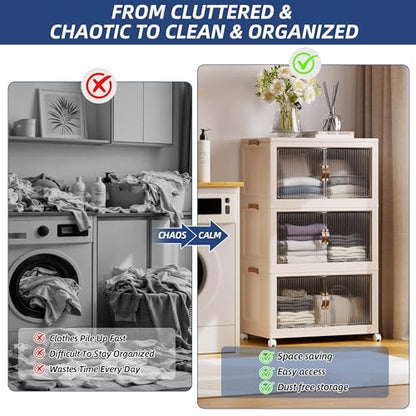SAILUN 381Qt Extra Large Stackable Storage Bins Folding Collapsible Storage Bins with a Lid, Closet Organizers and Storage Blush White 28" W x 17" D x 46" H | Stackable Storage Drawers with Lids,28" W x 17" D x 46" H,Featuring open-front Access for Clothe