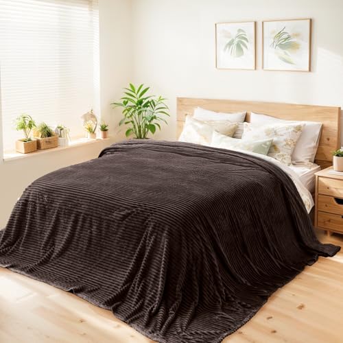 Vessia Flannel Fleece Queen Size Blanket(90x90 inch), 300GSM Cozy Brown Stripe Bed Blanket for Couch, Sofa and Bed, Warm and Soft Chocolate Microfiber Ribbed Decor for All Season - color: Brown, size: 90x90 inch