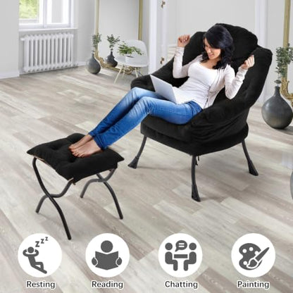 Lazy Chair with Folding Ottoman,Leisure Sofa Chair,Soft Fabric Armchair with Armrests and Side Pockets, Reading Chair with Footrest for Living Room, Bedroom, Office (Plush Black) - color: Plush Black