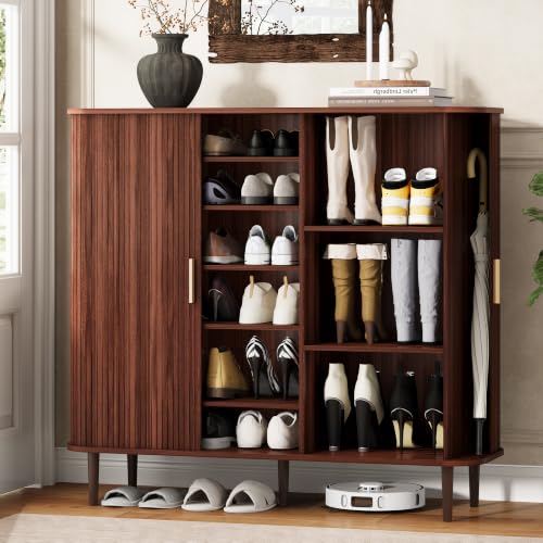 DHH Shoe Storage Cabinet with Sliding Door, 6-Tier Shoe Cabinet with Adjustable Shelves, Modern Freestanding Shoe Storage Organizer for Entryway, Hallway, Living Room (Walnut, 47 ") - color: Walnut, size: 47 "