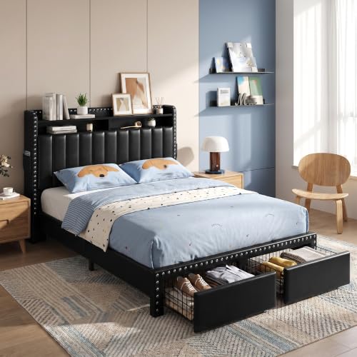EnHomee Full Size Bed Frame with 2 Drawers & 2-Tier Storage Headboard,Black | 2 side pockets, Luxurious Faux Leather Upholstered, 1000lbs Heavy Duty for Bedroom Apartment, Noise-Free, Easy Assembly - color: Black, size: Full