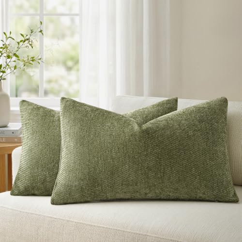 a moment Pack of 2 Decorative Chenille Throw Pillow Covers with Twill Cushion Covers for Sofa Living Room Couch Bed 12x20 Inch Moss Green - color: Moss Green, size: 20" x 12" (Pack of 2)