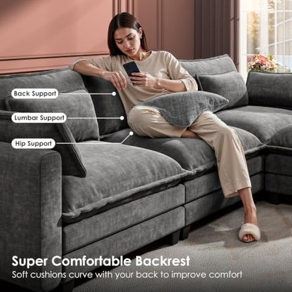 Marsail Modular Sectional Sofa 110.6" U-Shaped Modern Comfy Cloud Couch, 5-Seat Chenille Deep Seat Sofa with Throw Pillow & Movable Ottoman for Living Room, Bedroom and Apartment, Slate Gray - color: Slate Gray, size: 110.6" - U Shape
