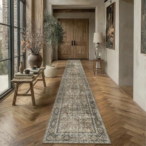 Brown Runner Rug 2.6x18 Vintage Traditional Distressed | Washable, Non Slip, Soft Low Pile, Extra Long Hallway Carpet for Kitchen, Entryway, Laundry Room, Farmhouse Decor - color: Accent Brown, size: 2'6" x 18' (Runner)