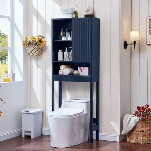 LEYAOYAO 68" Modern Fluted Over The Toilet Storage Cabinet, a Sliding Door | Blue Over Toilet Bathroom Organizer, Freestanding Washer Shelf with Adjustable Shelf & Curved Profile - color: Blue-fluted, size: 10"D×23.3"W×68"H