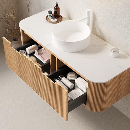 48” Floating Bathroom Vanity with Sink, Fluted Wall-Mounted Solid Wood Cabinet, White Ceramic Round Basin, Faux Marble Top, Soft-Close Drawer, Pre-Assembled, Natural Woodgrain - color: 02 - Natural Woodgrain, size: 48"