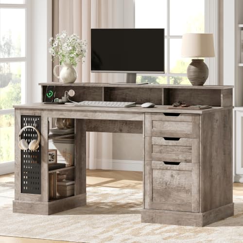 55-Inch Farmhouse Executive Desk with 2 Drawers and File Cabinet, Computer Desk with 3-Tier Storage Shelves, Home Office Desk with Charging Station, Pegboard and Monitor Shelf, Gray - color: Grey