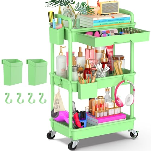 Goovilla 3 Tier Rolling Utility Cart Organizer with Removable Drawer, Green | Stable and Sturdy Rolling Storage Carts with 2 Lockable Wheels for Bathroom, Kitchen, Snack, Craft, Makeup, Baby Essentials - size: 3 Tier, style: Green