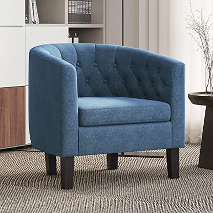 BELLEZE Accent Barrel Arm Chair, Modern Comfy Upholstered Tufted Club Chair with Sturdy Legs and Linen Fabric for Bedroom Living Room - Navy Blue - color: Navy Blue, size: 1 x Linen Chair