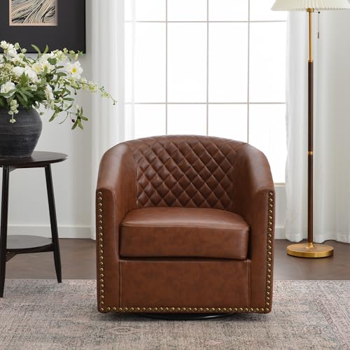 KINWELL 29" W Faux Leather Tufted PU Swivel Barrel Accent Chair, Brown | No Assembly Vegan Leather Upholstered Swivel Club Chair with Nailhead Trim, Modern Armchair for Small Spaces Apartment - color: Saddle Brown, style: Set of 1