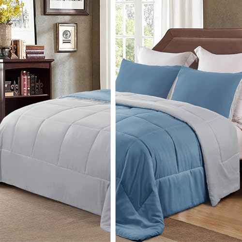 Exclusivo Mezcla Reversible Soft Queen Comforter Set, 3 Pieces | Grayish Blue Lightweight Microfiber Down Alternative Comforters, All-Season Bedding with 2 Pillow Shams - color: Bluish Grey/Light Grey, size: Queen(90''x90'')