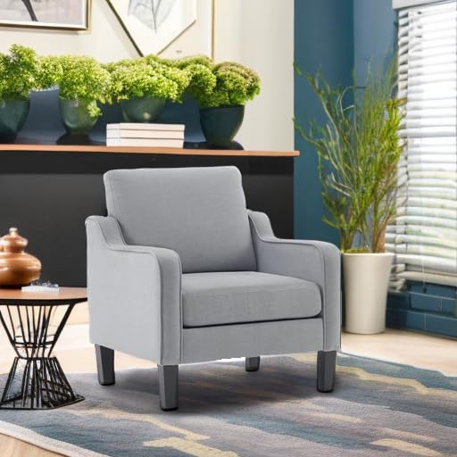 VINGLI Mid Century Modern Accent Chair, Light Grey Fabric Accent Chairs for Living Room Upholstered Armchair with Scooped Arms for Bedroom, Apartment, Studio, Office, Waiting Room - color: Light Grey