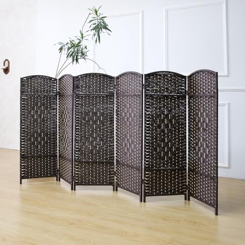 6-Panel Short Room Divider, 3.9 ft Freestanding Partition Wall, Dark Brown Rattan Double-Sided Folding Screen for Living Room, Bedroom & Corner Privacy - color: Dark Brown, size: 6 Panel