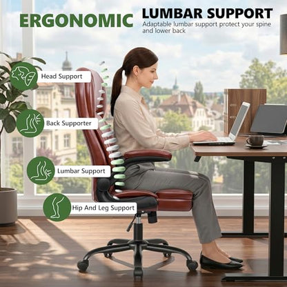 Leather Office Chair with Flip Up Arms, 360° Swivel Ergonomic Desk Chair with Wheels, Adjustable Height Computer Chair with Padded Seat for Home Office, Study,Gaming Room, Brown - color: Brown