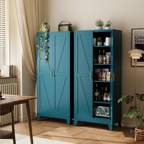 COFaR 71" Metal Pantry Cabinet in Peacock Blue, 5-Tier Storage with Adjustable Shelves, Modern Statement Cupboard for Kitchen, Bathroom & Living Room - color: Peacock Blue, size: 71"H 5 Tiers