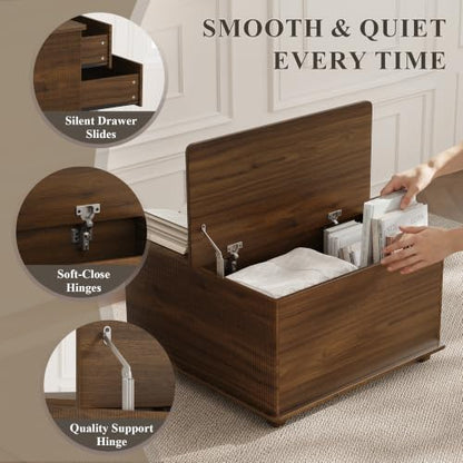 MALOL Square Storage Coffee Table with 2 Drawers, Hidden Storage Beneath Flip-Top Lid, Modern Fluted Wood Coffee Table with Solid Wood Legs for Living Room, Walnut - color: Walnut