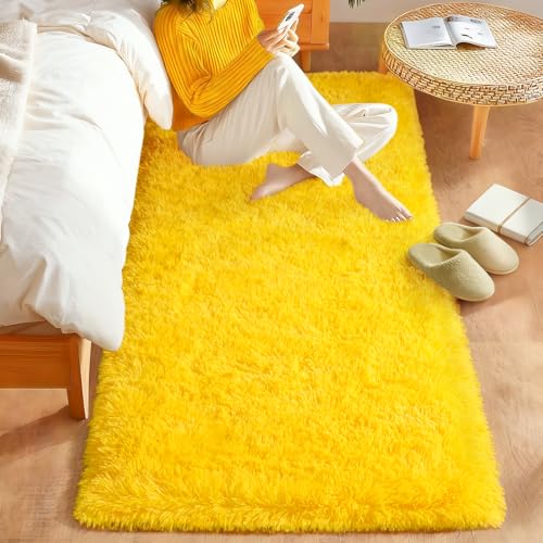 Soft Runner Rug for Bedroom Hallways, Yellow 2x6 Area Rugs for Living Room | Modern Shaggy Carpets Fuzzy Indoor Floor Rug for Boys Girls Dorm Teens Home Decor Aesthetic, Upgrade Non-Slip Durable - color: Yellow, size: 2' x 6' (Rectangular)