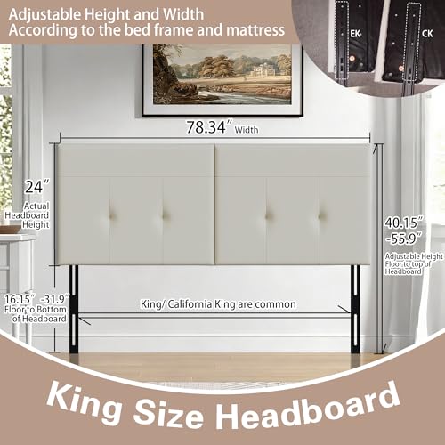 Upholstered Tufted King Size Headboard,PU Leather Wood Head Board with Metal Legs, Adjustable Height from 42” to 56”, Bed Headboard in Modern Design,Backboard for Bed, Beige Grey - color: Beige Grey, size: King