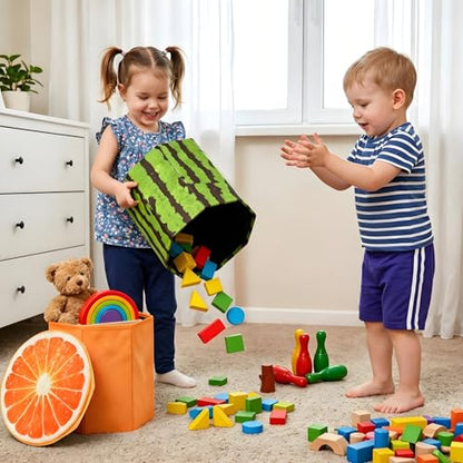 Covzoe 3 Pack Fruit Storage Stool, 12 x 12 Inch Folding Stool Ottoman | Collapsible Storage Seat Chest with Foam Cushion, Creative Organizer Stools Box for Patio Foot Rest