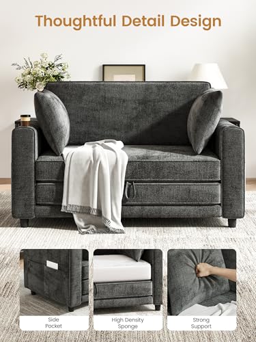 51" Loveseat Convertible Sofa Bed with Cup Holder, Small Couch 2 in 1 Pull Out Sleeper Couch, Floor Folding Couch Sofa with Two Pillows for Apartment, Living Room, Dorm (Grey) - color: Grey