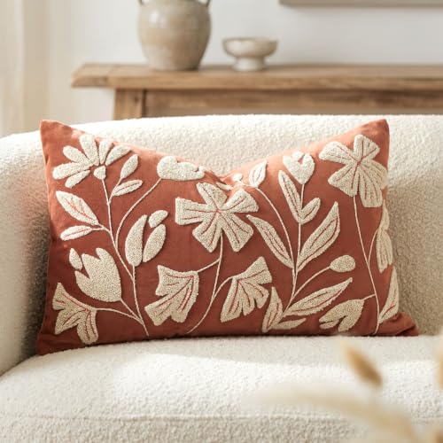 Lumbar Pillow Cover 12x20 Inch, Rust Terracotta Floral Tufted Velvet Decorative Accent Pillow Case for Sofa Bed Living Room, Cover Only - color: Orange Terracotta, size: 20" x 12" (Pack of 1)
