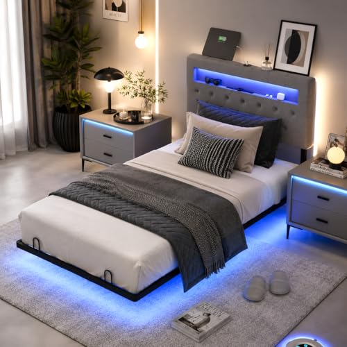 VINGLI Twin Floating Bed Frame with Headboard Heavy Duty Metal Frame, Storage Shelf, LED Lights Charging Station, Modern Platform Bed, Adjustable Headboard, No Box Spring Needed, Grey - color: Grey, size: Twin