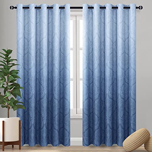 DWCN Navy Blackout Damask Curtains for Bedroom - Ombre Patterned Thermal Insulated Energy Saving Grommet Curtains for Living Room, Set of 2 Gradient Window Curtain Panels, 70 x 96 Inch Navy Blue - color: Navy Blue, size: 70"W x 96"L (Pack of 2)