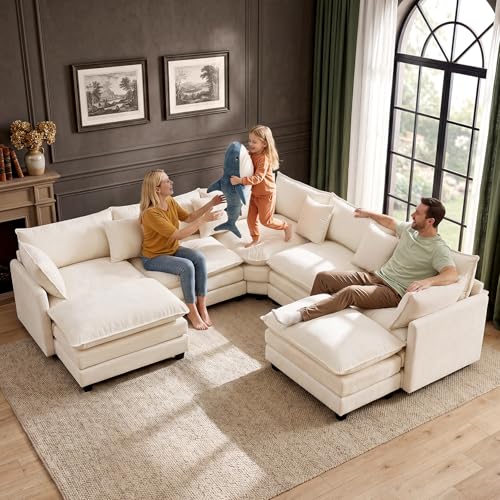 110" Modular Sectional Cloud Sofa Couch V Shape with 2 Ottoman, Beige | 3 Layer Cushion, 6 Washable Pillows, 29" Deep Seat, Chenille Fabric, for Living Room Apartment - color: Beige, size: 110"V-2