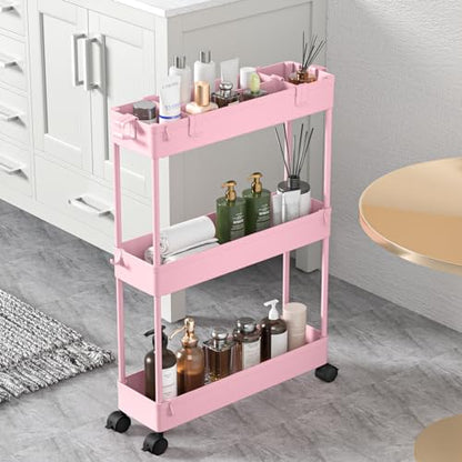 Slim Storage Cart 3 Tier,Bathroom Organizer Rolling Utility,Mobile Shelving Unit Slide Out for Office, Kitchen, Laundry Room & Narrow Places,Pink - color: Pink