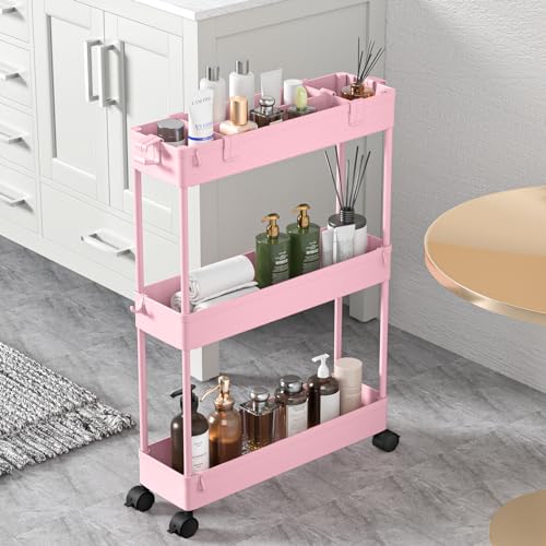 Slim Storage Cart 3 Tier,Bathroom Organizer Rolling Utility,Mobile Shelving Unit Slide Out for Office, Kitchen, Laundry Room & Narrow Places,Pink - color: Pink