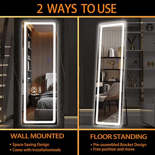 Hasipu Full Length Mirror with Lights, 56" x 16" LED Floor Mirror, Full Body Dressing Standing Mirror, Hanging Mounted Mirror for Living Room Bedroom Cloakroom, Round White