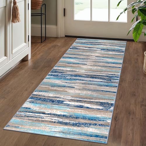 Lansny Modern Abstract 2x5 Runner Rug Non Slip Washable Kitchen Rugs | Blue;Thin Printed Faux Wool Entryway Runners;Hallway Rug Runner;Carpet Ruuner for Bedroom, Laundry Room - color: Blue Aqua/Beige Taupe Multi, size: 2' x 5' (Runner)