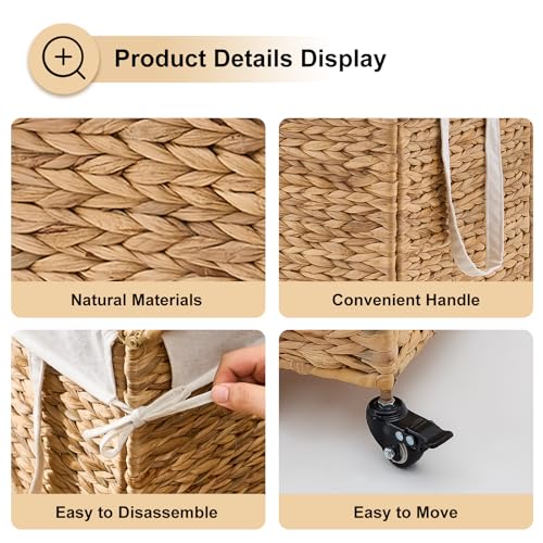 Rolling Laundry Hamper with Lid and Wheels, Slim Laundry Basket with Removable Liner Bag & 2 Mesh Bags, Handwoven Water Hyacinth Clothes Hamper for Bedroom Bathroom (Natural, 85L) - color: Natural/With Lid/85L